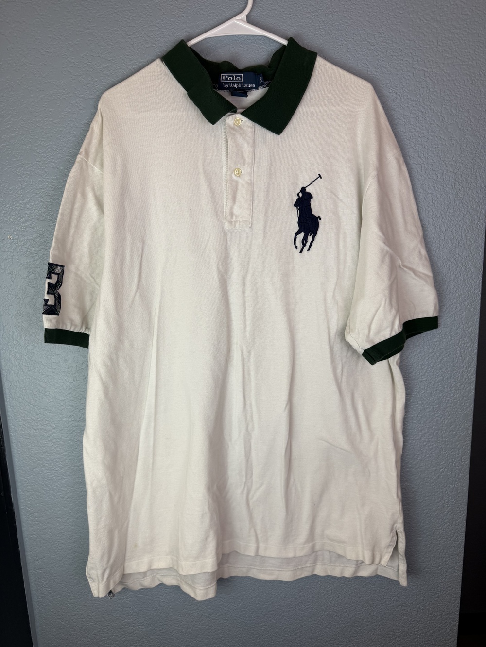 Polo Ralph Lauren Shirt Mens XLT Tall White Green Big Pony Rugby 3 Patch Polo